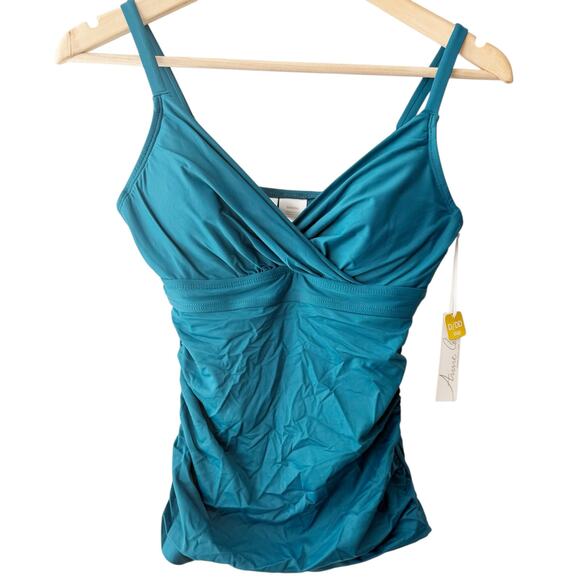 Anne Cole Live In Color Twist Front Shirred Underwire Tankini Swim Top Teal D/DD - Picture 3 of 7